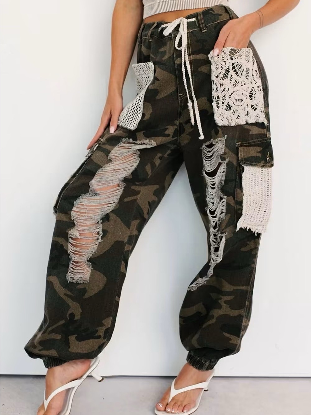 Camo Distressed Patchwork Cargo Pants with Crochet Accents - Picture 2 of 3
